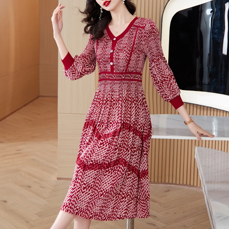 

2023 New Fashion Printed Dress Women's Autumn Versatile Pleated Dress French Vintage Lace Loose Fit Party Dress Vestidos