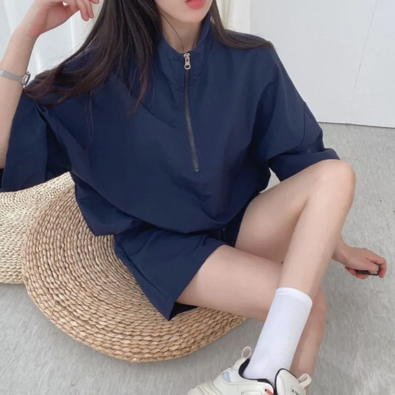 Short sleeve Shorts Women clothes Two-piece Set Plus size Turtleneck Zip-up Spring Summer Fashion Casual Sweatshirt Set Loose women shirt shorts set
