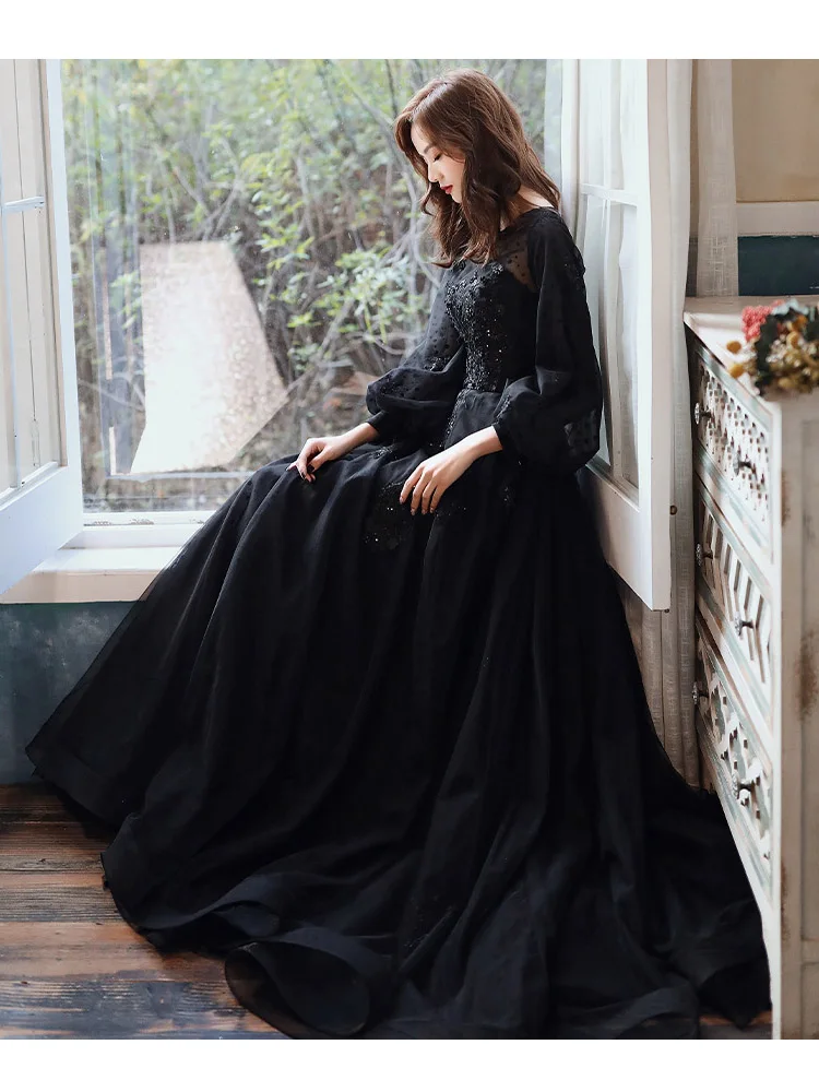 French-Black-Evening-Dress-Women-s-New-Fashion-O-Neck-Long-Sleeve ...