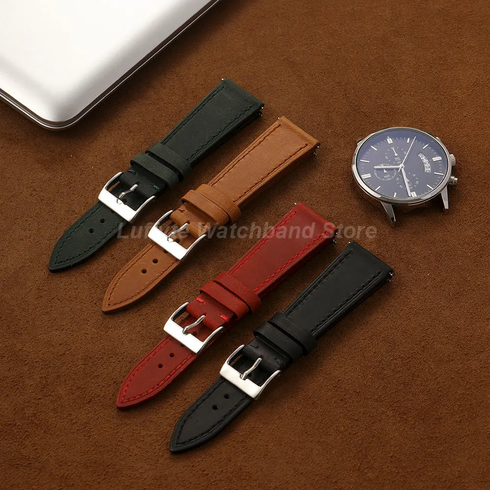 Men's Vintage Crazy Horse Leather Watch Strap with Quick Release - Retro Casual Replacement Wristband