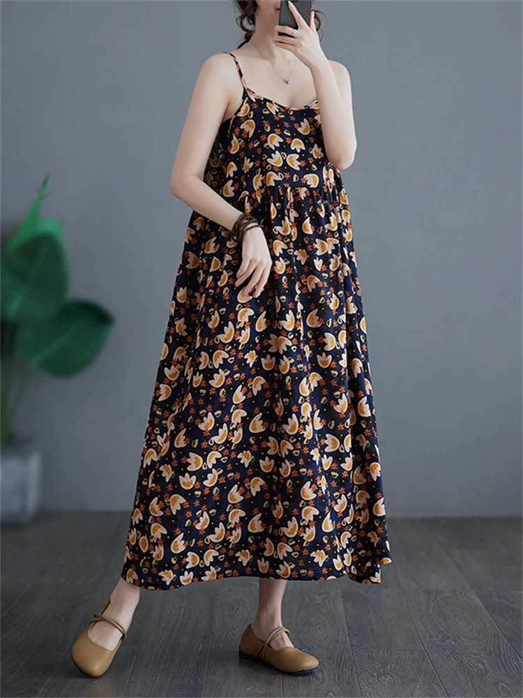 Sleeveless Strap Print Dresses For Women 2024 Summer Cotton Vintage Casual Loose Long Dress Femme Robe Beach Elegant Clothing