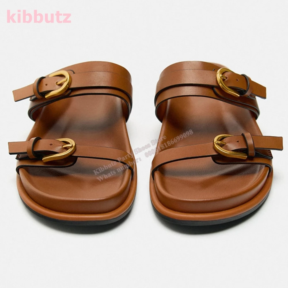 Belt Buckle Genuine Leather Slippers Round Toe Flat With Solid Color Fashion Elegant Sexy Outdoor Summer Concise Women Shoes New
