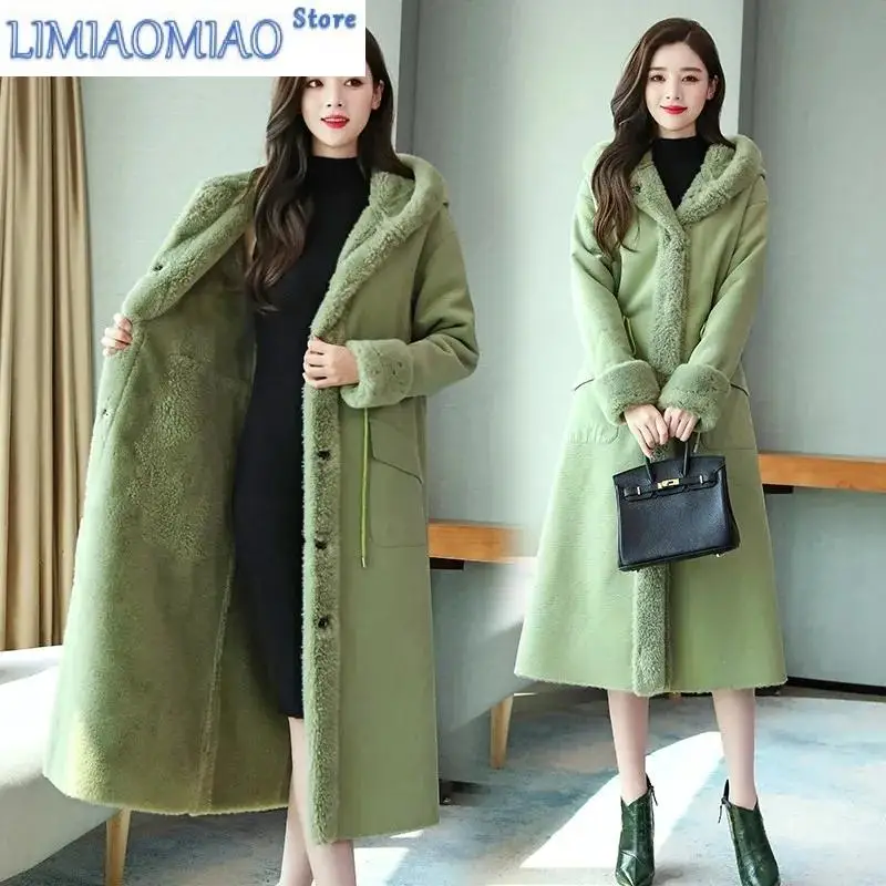 New Faux Fur Coat Lamb Wool Cotton Coat Women's Long Fashion Winter Coat Velvet Thick Woolen Parka Trend Green High Quality