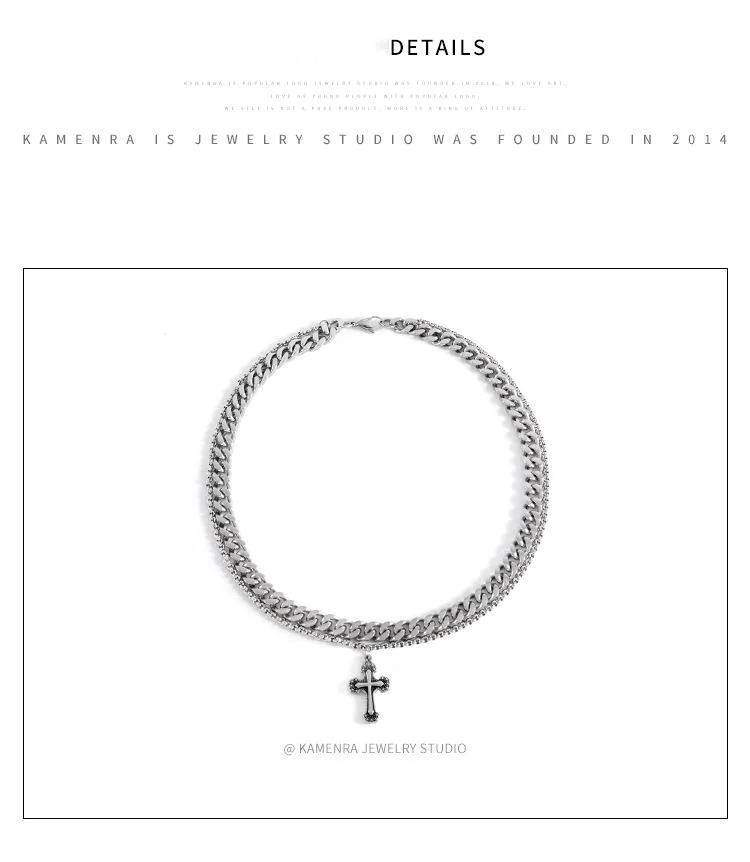 New Hot INS Dark Wind Cross Pendant Hip Hop Personality Double Layer Design Titanium Steel Necklace Men's Chain Sweater_voghion.com