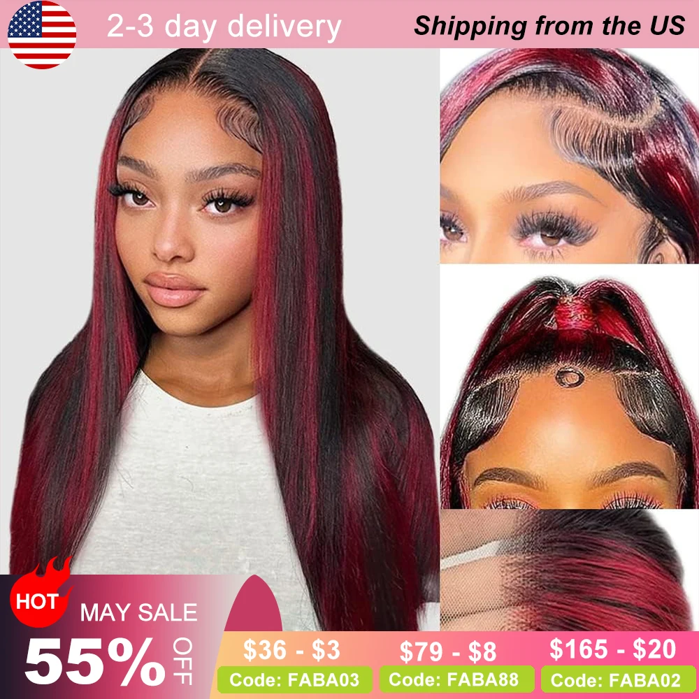 

1B/99J Highlight Ombre Straight Lace Front Wig Human Hair Burgundy Highlight Straight Human Hair Lace Front Wig With Baby Hair