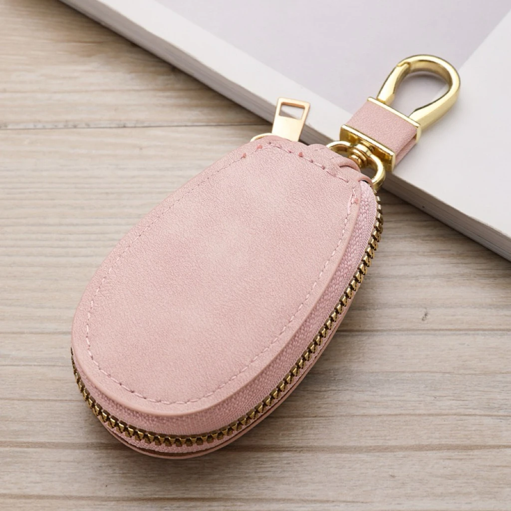 Premium Leather Keychain Mini Coin Purse and Card Holder with Dual Keyrings and Zipper Closure