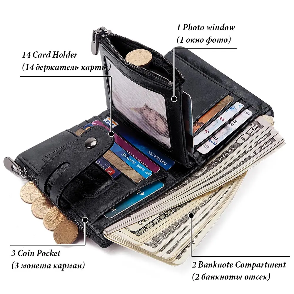 LAREET Portafoglio in vera pelle al 100% con pelle bovina per uomo Porta carte di denaro Borsa RFID Tasca portamonete corta con doppia cerniera Bifold maschile - immagine 4