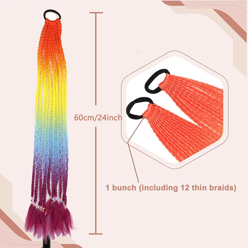 Extension per capelli a coda di cavallo intrecciata Rainbow Ombre per donna, 12 trecce sintetiche colorate con elastici per capelli - immagine 2