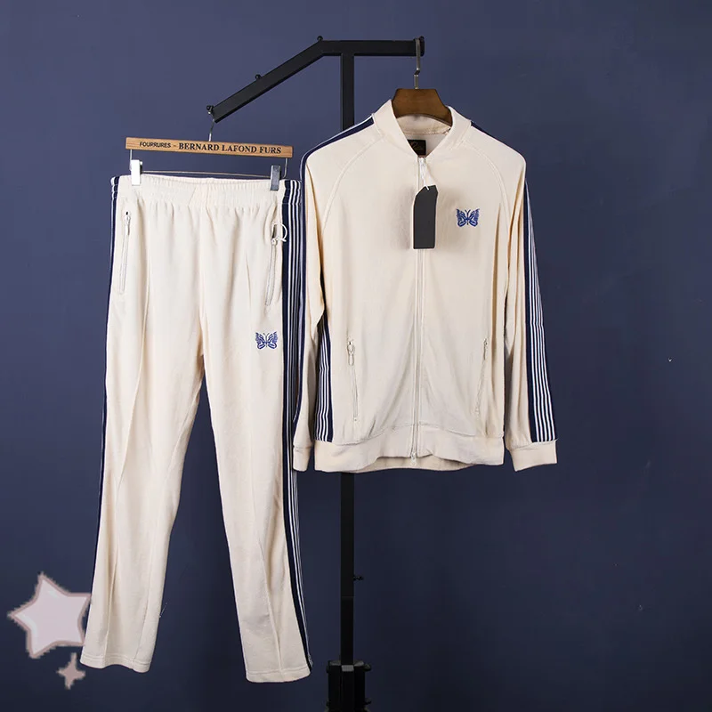 

New Needles Velvet Casual Pants Butterfly Embroidery Vintage Ribbon Loose Sports Jackets High Street Men Women Pocket Coat
