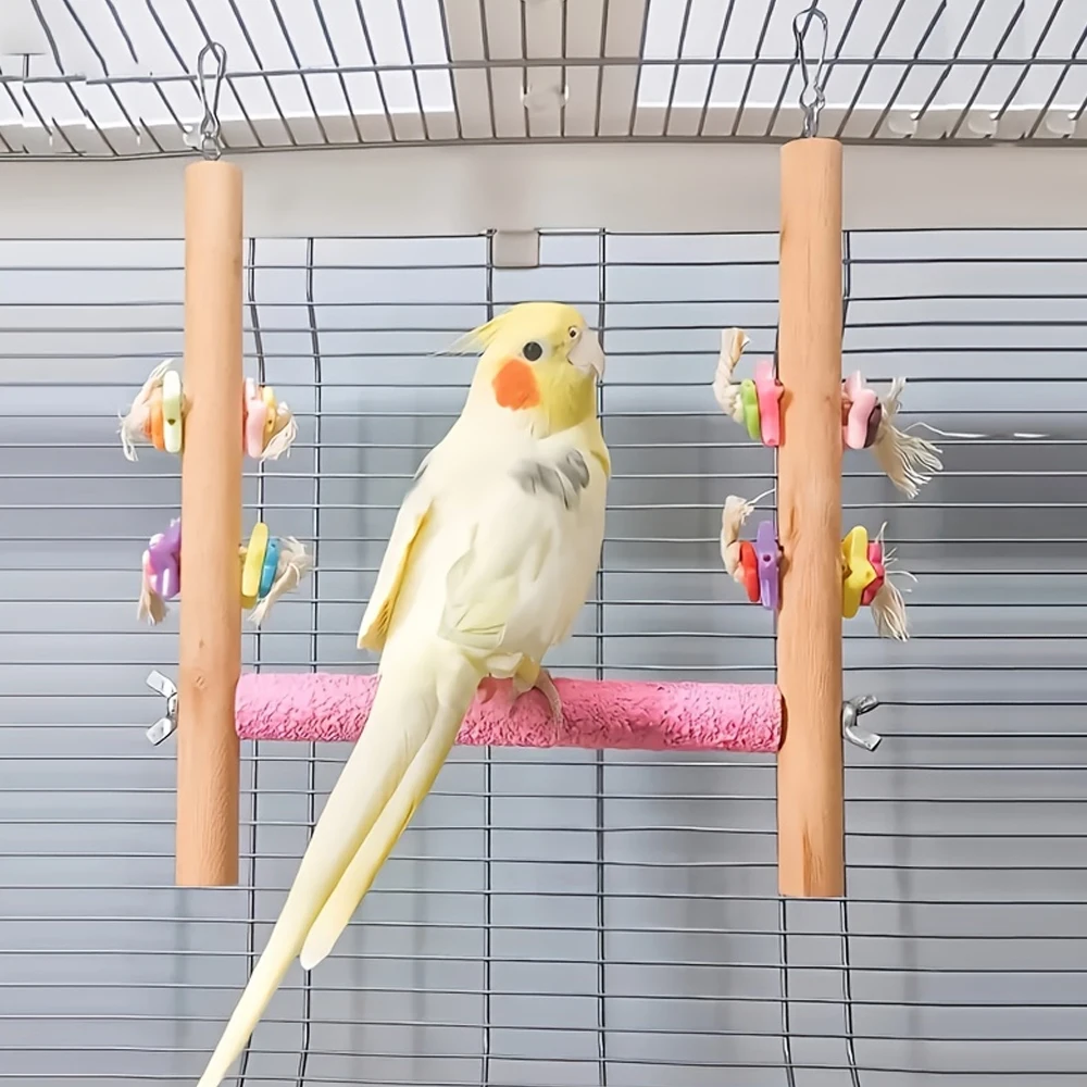 Colorful Solid Wood Bird Swing Toy with Frosted Rod Perch & Claw Care Chew Toy for Pet Bird Parrot Decorative Cage Accessory 1pc