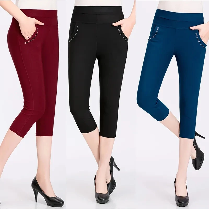 

Капри для полных женщин, повседневные однотонные брюки с завышенной талией, брюки-карандаш, облегающие эластичные короткие штаны, на лето