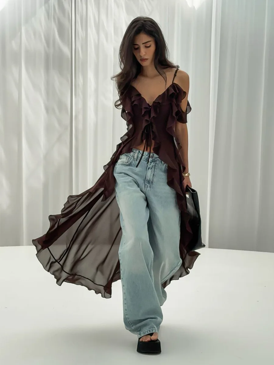 Bornladies Women's Strap Dress 2025 Summer New Irregular V-neck Ruffle Ribbon Sexy Sleeveless Strap Long Dresses