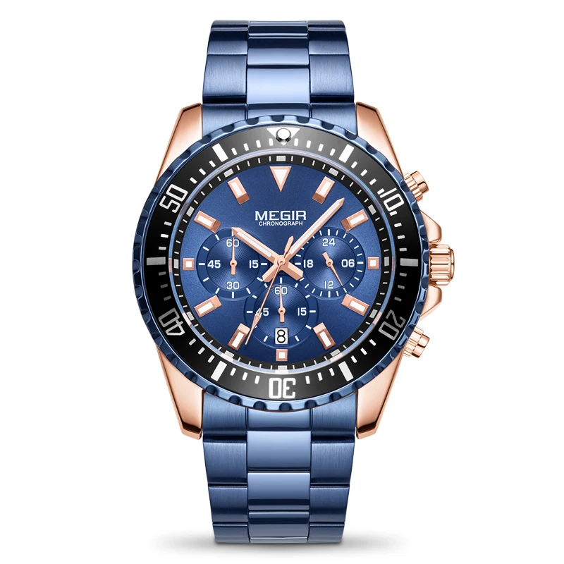 MEGIR Fashion Chronograph Quartz Watch for Men Stainless Steel Waterproof Luminous Sport Military Blue Watch Relogio Masculino