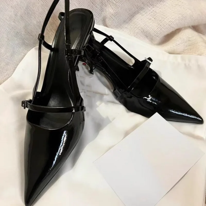 Black High Heel Women 2024 Summer Woman Pumps Pointed Leather Sexy Slingbacks Shallow Mouth Single Shoes For  Sandals 2