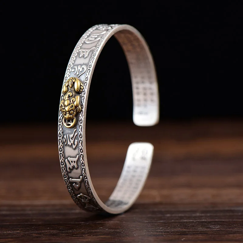 Antique Silver Plated Feng Shui Pixiu Open Bangle Bracelet for Men Women Unisex Wristband Pixiu Wealth Good Luck Jewelry Gifts 4