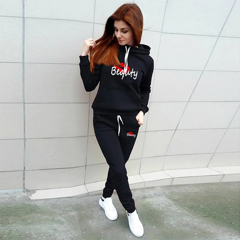 Women's long sleeved hooded sports top+pants casual sports set Women's sportswear warm long sleeved hooded two-piece set