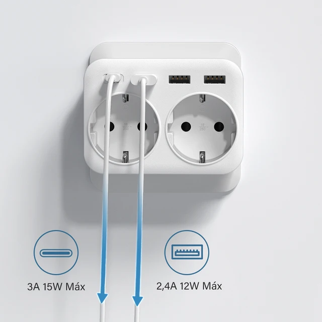 LENCENT Ladron Enchufes, Cargador USB de Pared con 1 Toma de CA Schuko  Europeo de 2 Pines, 1 Puerto Tipo C y 3 Puertos USB, Adaptador Enchufe USB