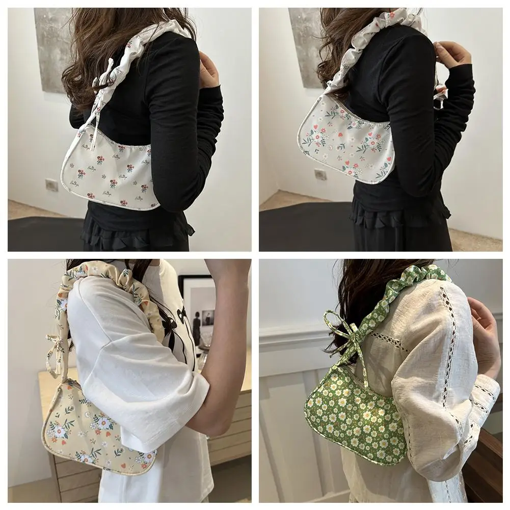 Women Small Corduroy Handbag Cute Pleated Shoulder Underarm Half Design Tote Bag Purse Moon Flower Purse Bag Print Little D7D9