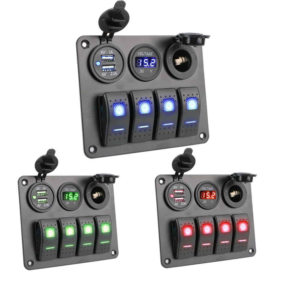 4/5Gang Aluminum Panel LED Rocker Switch Panel Dual USB Port Digital