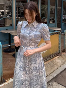 Ele Chic Spring Summer ort Sve Dr with Belt Waist Cinching Water-Media Print Turn-down Collar Knot Design Women's... 1