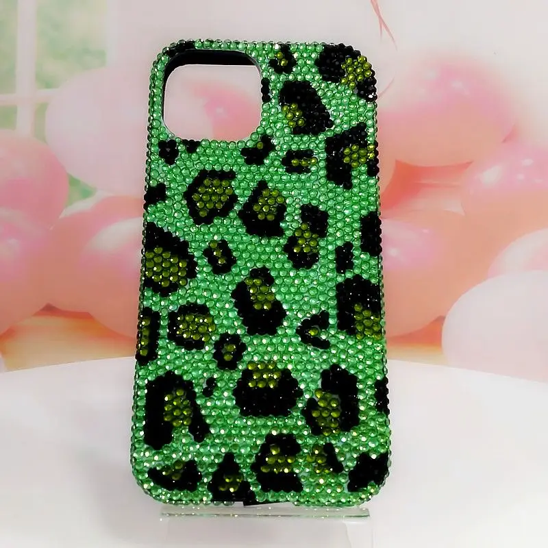 Bing Bing Green Leopard Print Rhinestone Phone Protective Case for iPhone11 121314 15pro Max Xs Xr Phone Case Rhinestone