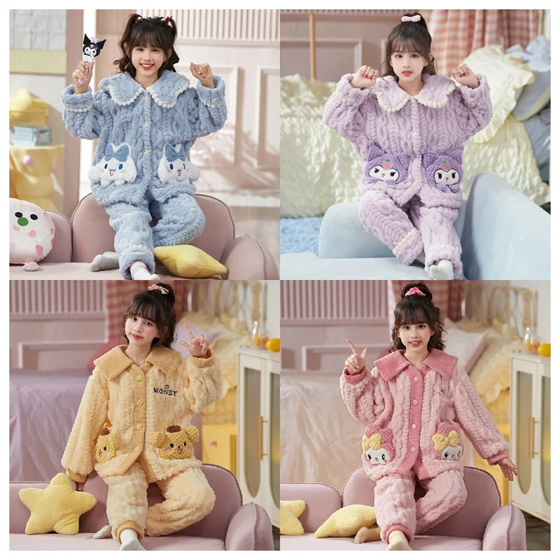 

Sanrio Childrens Cinnamoroll Coral Fleece Lapel Pajamas Suit Girl Anime Figure Tracksuit Super Cute Autumn Winter Pajamas