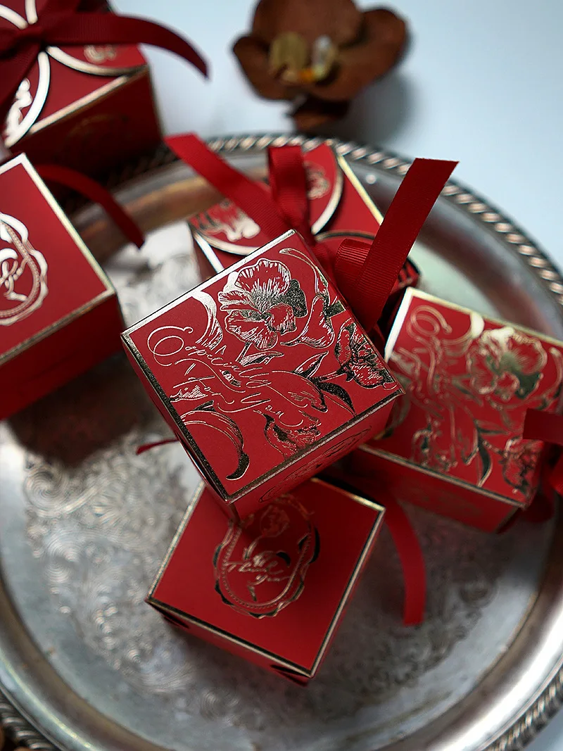 Exquisite Square Gold Gift Boxes – Printed Tulip Candy Packaging with Ribbon, Perfect f... - SKU PGB12153 - UGI Packaging