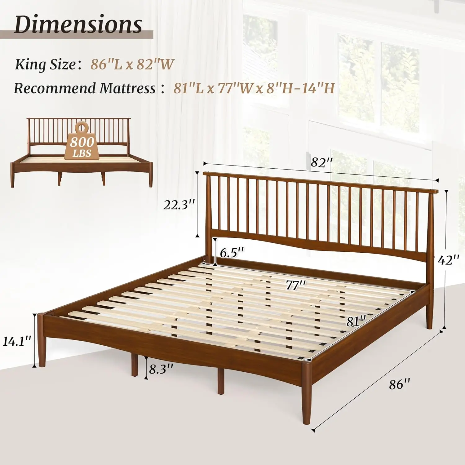 Wood Bed Frame with Spindled Headboard, Platform Bed Frame King Size Mid Century Foundation with Solid Wood Slat Support