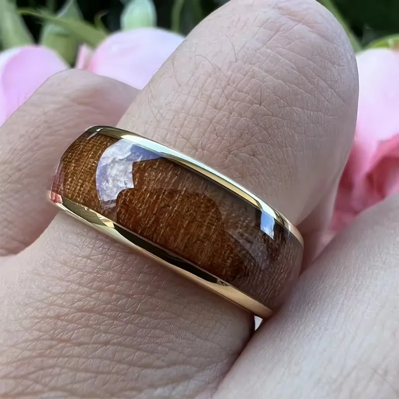 8mm Yellow Gold Tungsten Carbide Rings For Men Women Wood Inlay Wedding Band Polished with Comfort Fit
