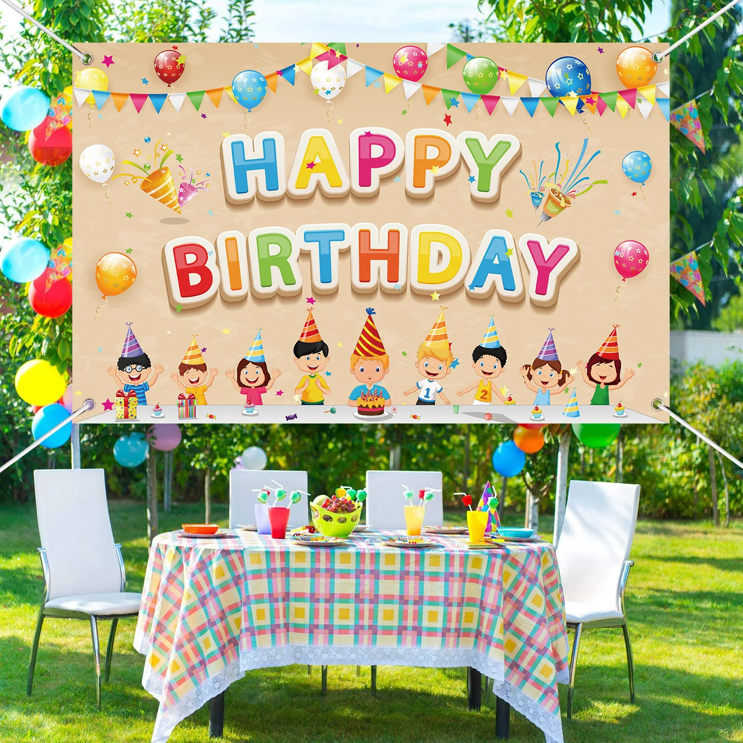 

Happy Birthday Party Decorations Banner Backdrop Large Birthday Yard Sign Background Photo Booth Banner Photography for Kids