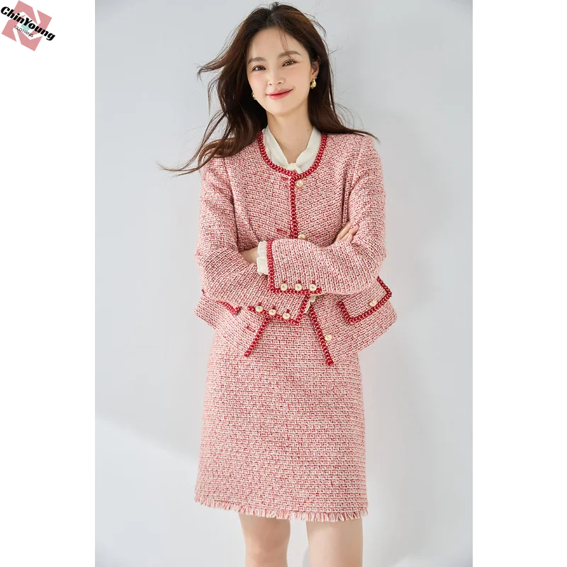 

Autumn French Pink coats Wool Tweeds Mini Skirts Suit Female Age-Reducing Jacket Tassel Skort Sets Retro Round Neck Hip-covering