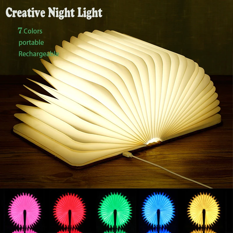 LED Creative Book Light 3D Folding Night Light 7-color USB Charging Portable Wooden Magnetic Table Light Decoration Gift