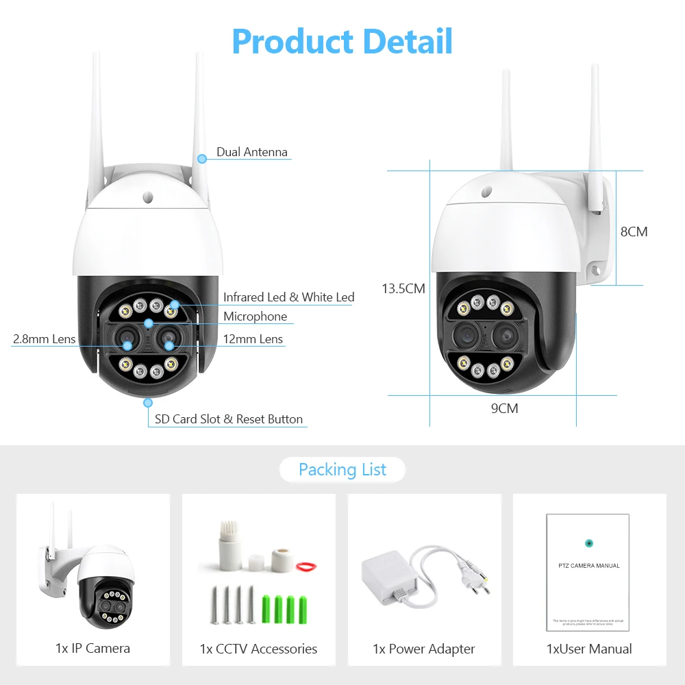 8MP PTZ WIFI Camera Dual-Lens 8XDigital Zoom Waterproof Outdoor Two-Way Audio Surveillance Wireless IP Camera ICSEE ONVIF