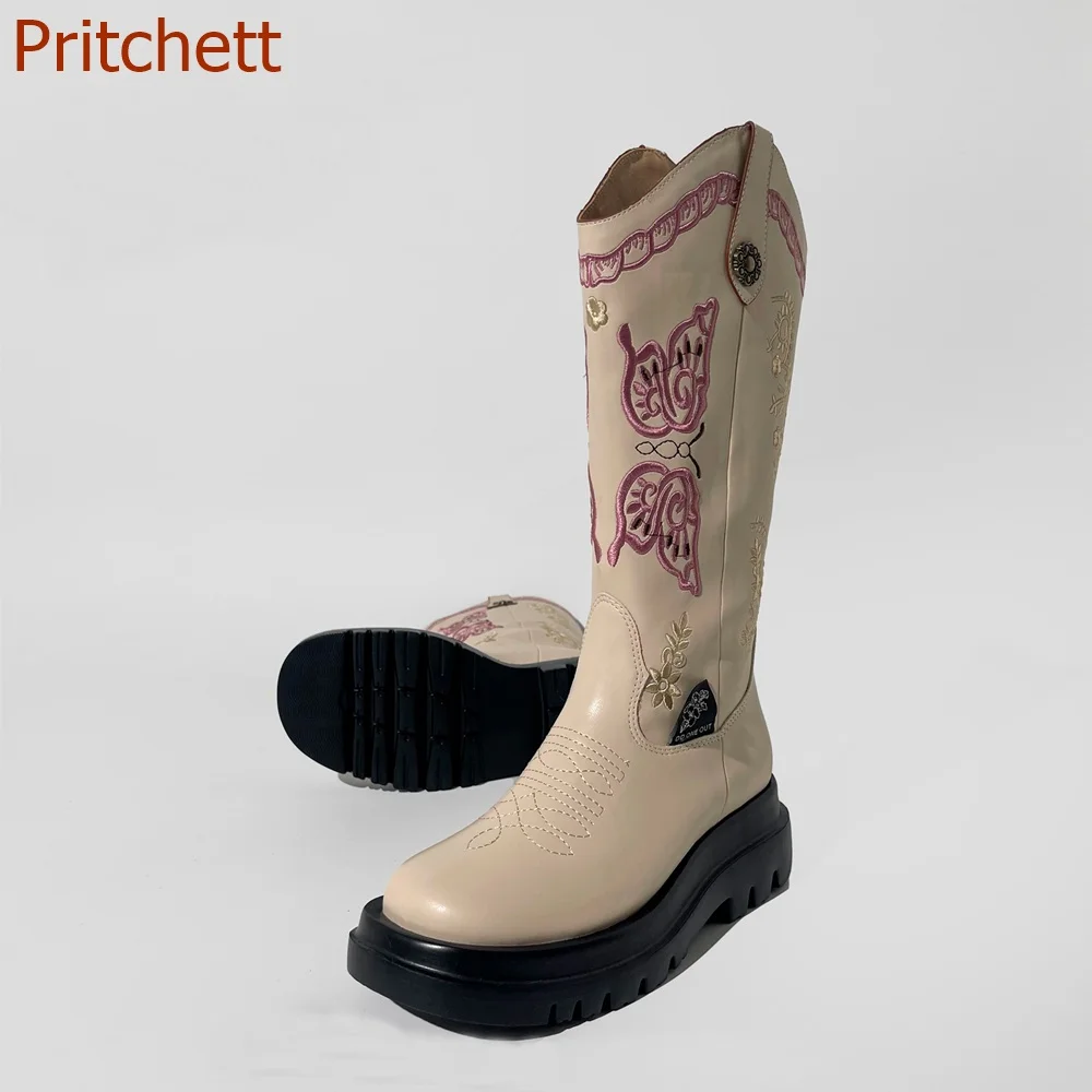 

Round Toe Thick Sole Women Boots Butterfly Embroidery Autumn Winter Knee High Motorcycle Boots Fashion Slip On Women Boots 2023