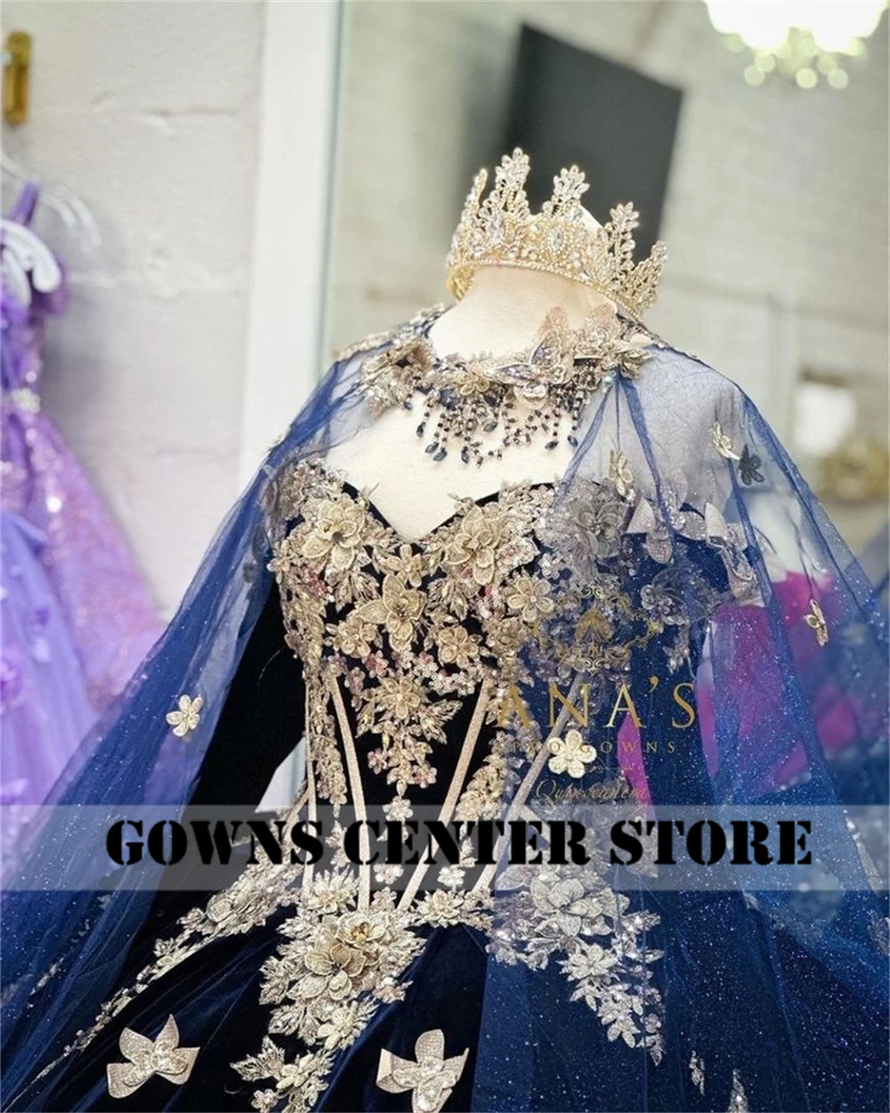 Tulle Cape 15 Year Old Velvet Navy Quinceanera Dress 2024 Gloves Gold Lace Appliques Sweet 16 Dress Party Gown Lace Up vstidos