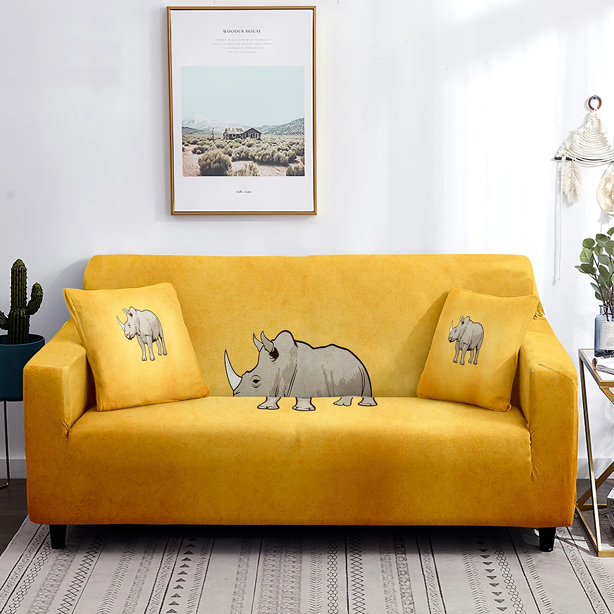 

Rhino Stretch Sofa Cover Safari Animal Printed Couch Covers Non Slip Washable Slipcovers Furniture Protector for Living Room