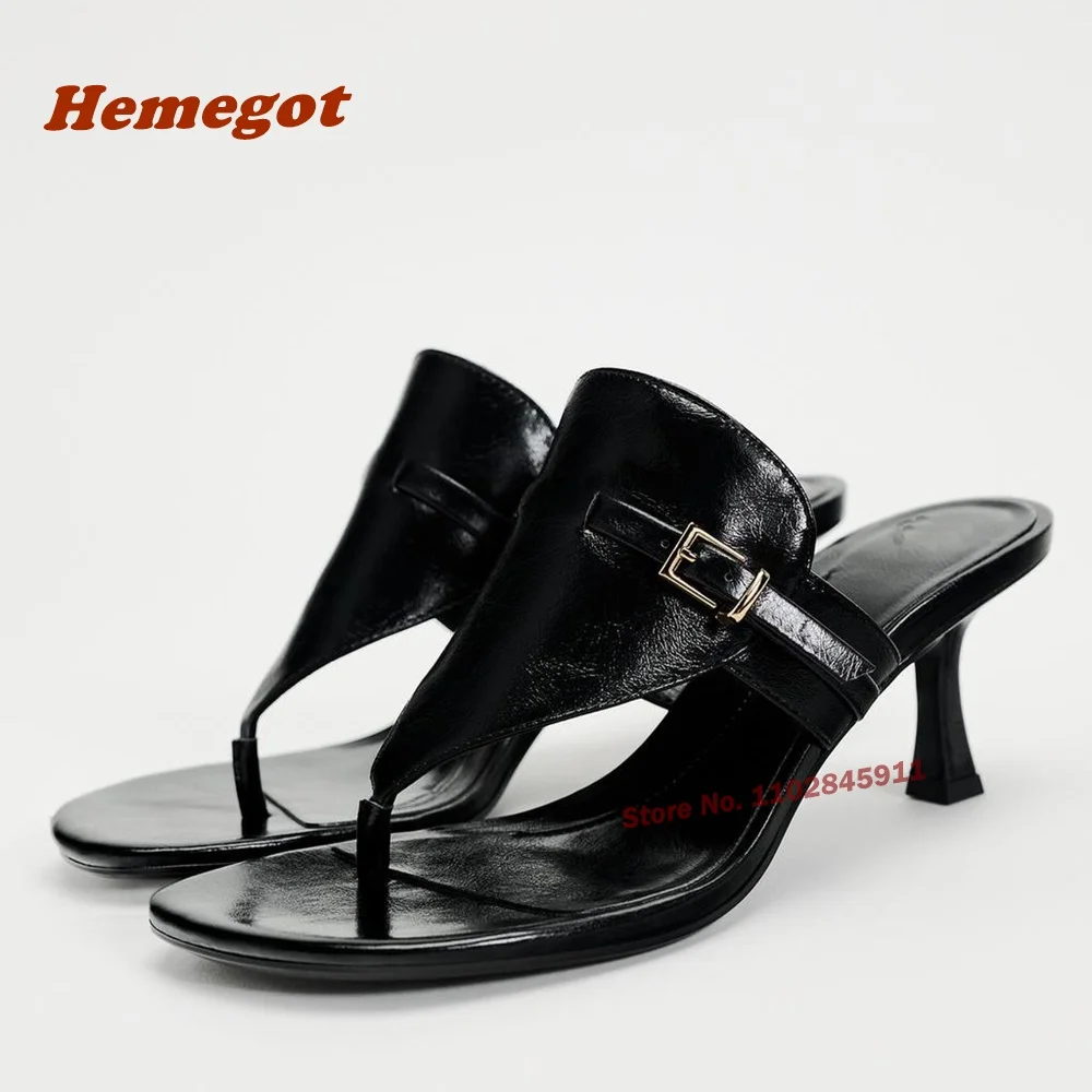 

Black Buckle Pinch Toe Slippers Glossy Kitten Heeled Women's Sandals Solid Summer Newest Outside Shoes Luxury Runway Shoes Sexy