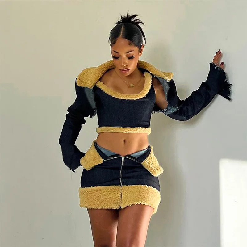 

Women's autumn new long-sleeved short coat lace-up vest zipper skirt Y2K denim three-piece set Vestidos