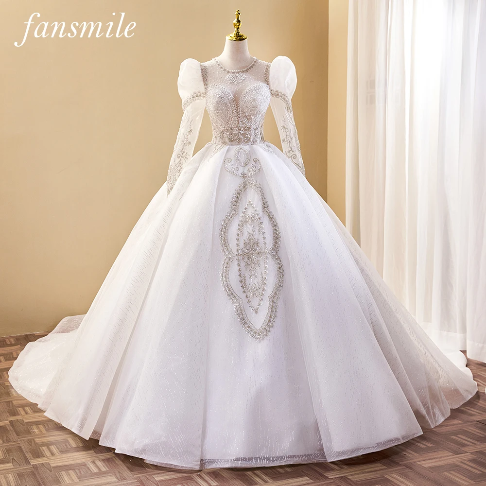 

Fansmile Vestido De Noiva Luxury Lace Puff Sleeve Ball Gown Wedding Dresses 2023 Train Wedding Gowns Bridal Dress FSM-229T