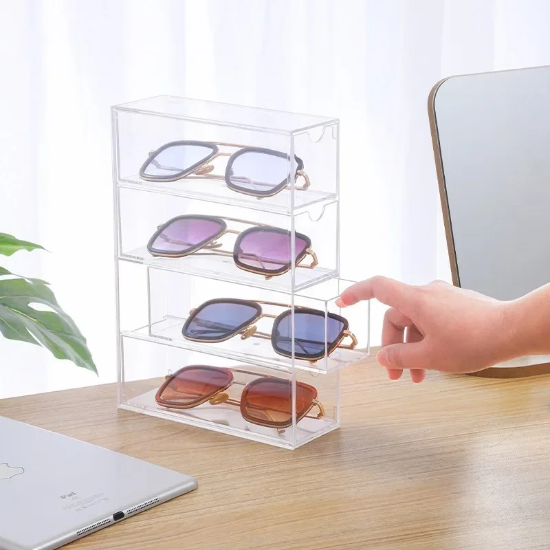 4-layer Acrylic Sunglasses Storage Box Desktop Drawer Style Sunglasses Display Cabinet Dust-proof Storage Rack Home Storages Box