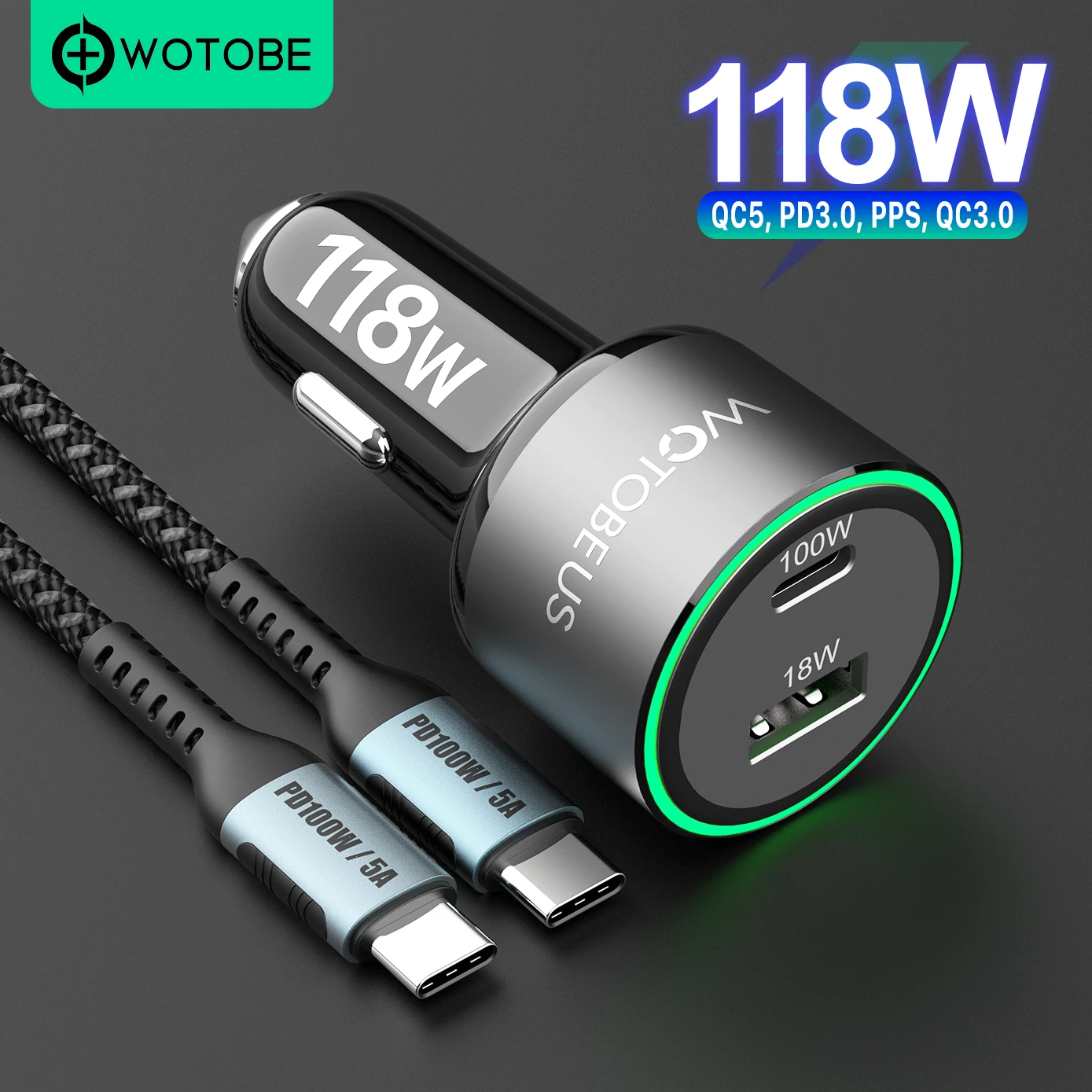 WOTOBE USB C Car Charger 118W, QC5 PD 100W PPS 45W 30W QC3.0 18W for