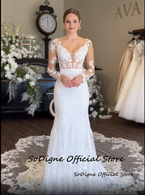 SoDigne Mermaid Boho Wedding Dresses V-neck Full Sleeves Tulle Appliques Bridal Dress Wedding Gown Robe De Mairee Customized 14 Se68255c852fe4e1ca33660835700c6f3E