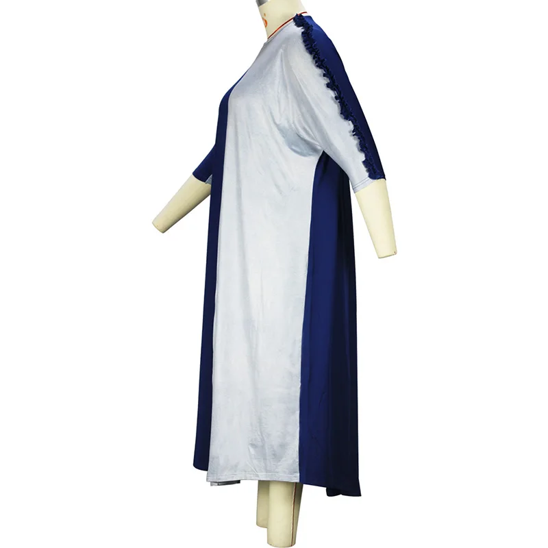 Spring Summer Bicolor Color Blocking Round Neck Fashion Batwing Half Sleeve Casual Loose Pleated Plus Size Maxi Dress for Women