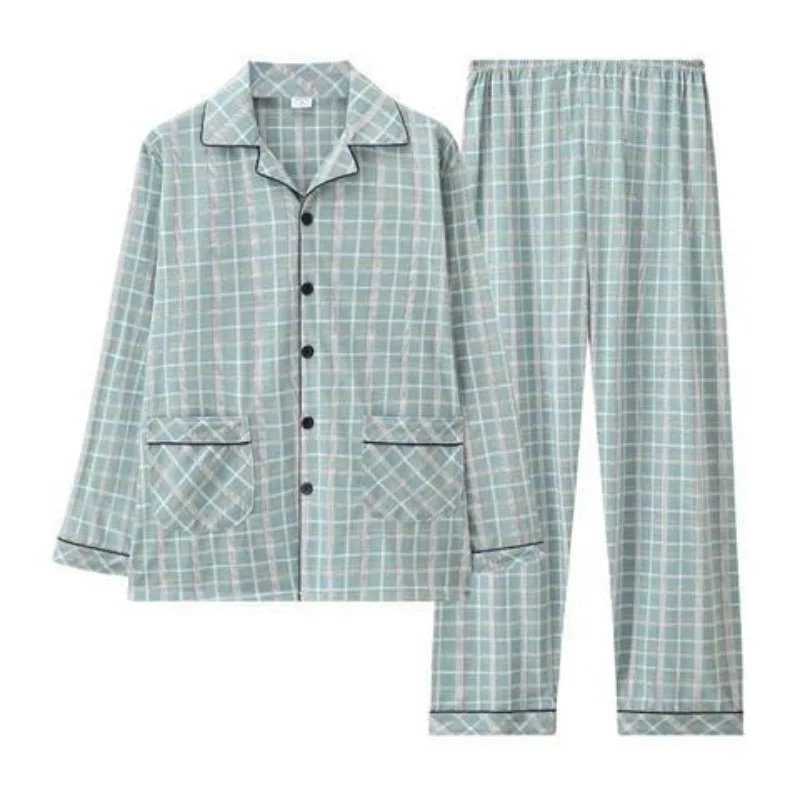 Cotton Pajamas Men Long-Sleeved Lapels Men Comfort Suits Young and Middle-Aged Spring and Autumn Loungewear Plus-Size 2 Piece Set