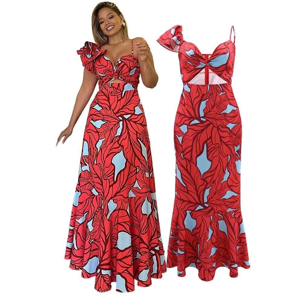 

Fashion Floral Suspender Dress High Waisted Printed Sling Holidays Party Dress Female Summer Hollow Waisted Chic Vestido