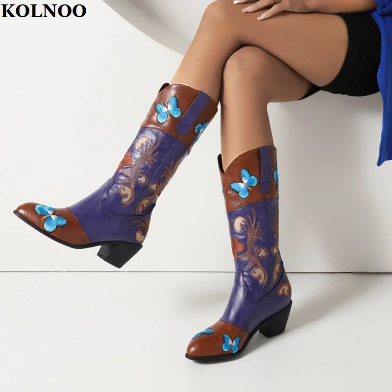 

Kolnoo New Retro Style Handmade Ladies Vintage Boots Embroider Butterfly Real Pictures Mid-calf Booty Large Size Fashion Shoes