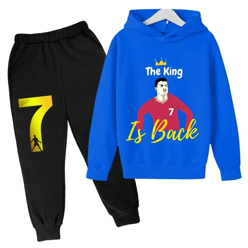 thumbnail image 1 of Conjunto de sudadera con capucha de primavera de Ronaldo, conjunto de 2 piezas de sudadera y pantalones azules informales para niños, ropa deportiva informal, chándal para niños, 1 of 5