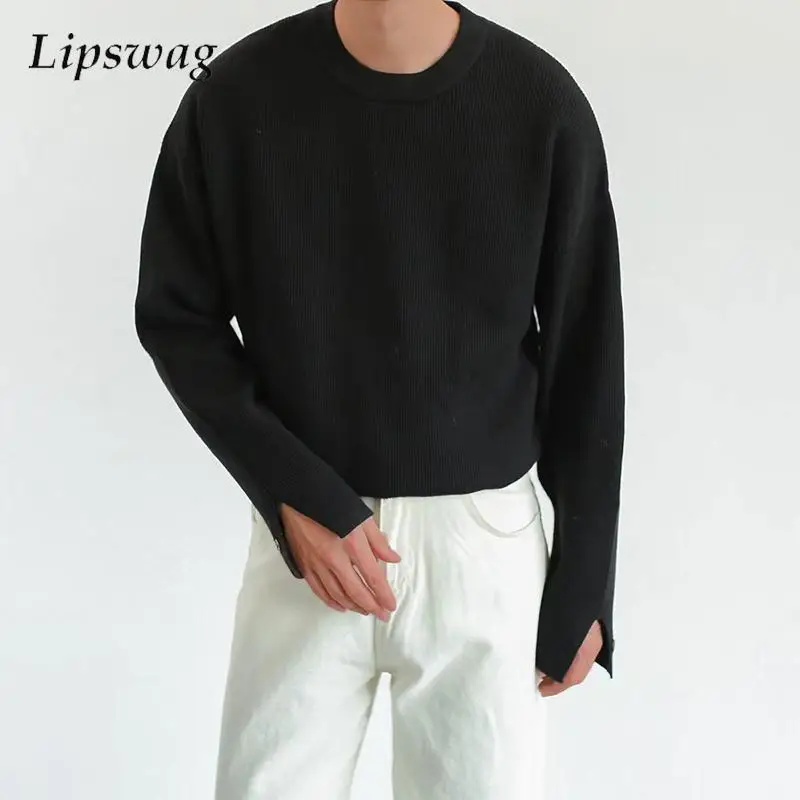 

Casual Sweater For Men Autumn Long Sleeve Slit Design Solid Color Knitted Jumper Tops Mens Streetwear Fashion Crew Neck Sweaters