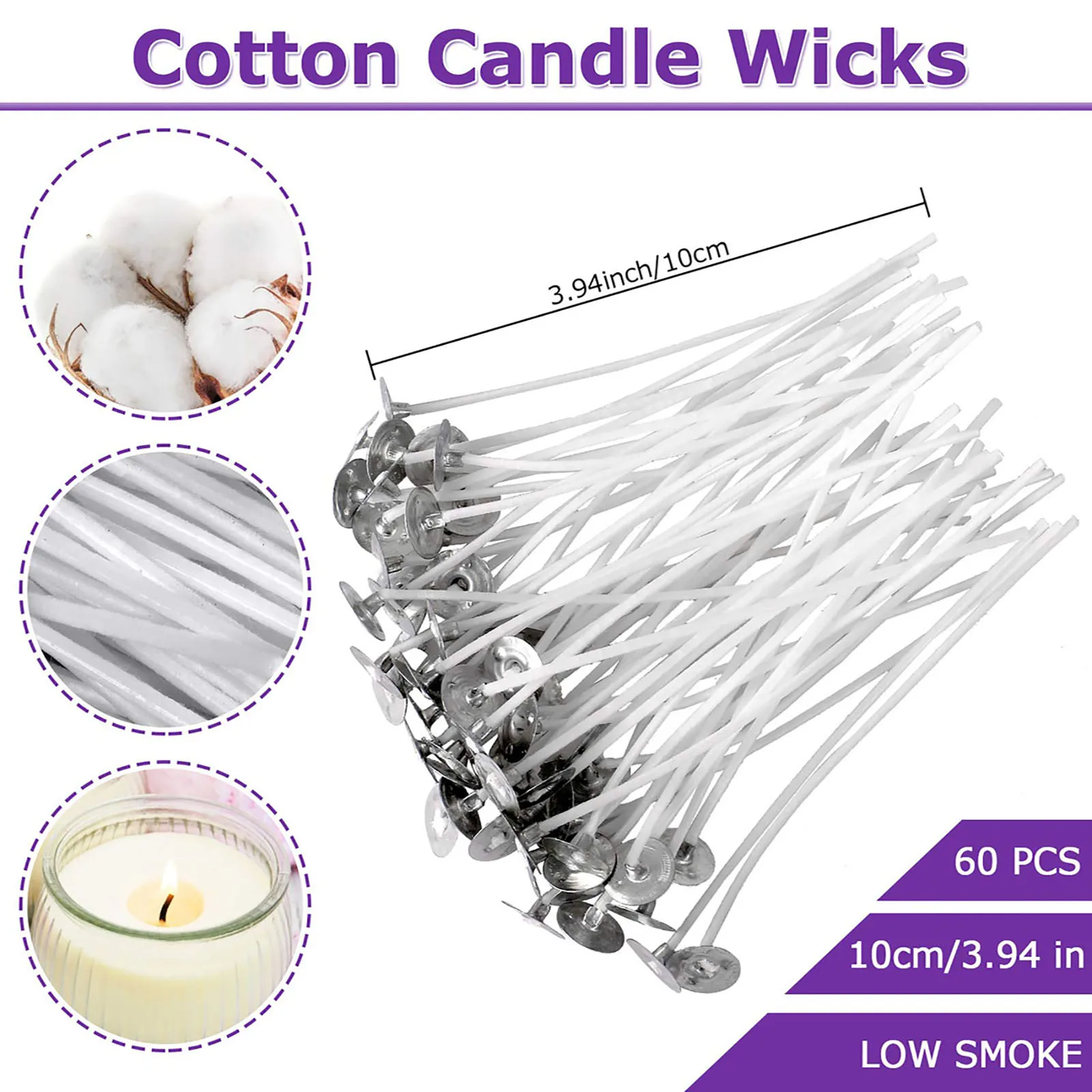 Candle Wicks Candle Wick 60 PCS Candle Wick Pre Waxed Wicks 60 PCS Candle Wick Stickers 1 Wick Holder for Making DIY 3.9in/10cm