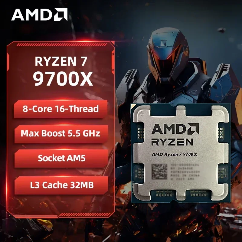 AMD 라이젠 7 9700X 8코어 16스레드 5.5GHz 최대 부스트 속도 Zen5 AM5 CPU 3D 렌더링 게임용 (포장 없음)